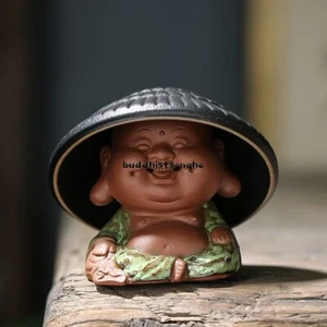 Green Purple Clay Tea Pet Monk Buddha Handmade Crafts Tea Set Decoration  - Picture 1 of 4