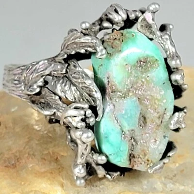 Anel de prata esterlina com marca registrada brutalista modernista do meio do século folha de amazonita - Imagem 1 de 4