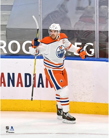 Connor McDavid Oilers UnsignedReverse Retro Jersey Goal Celebrate Photo Cover