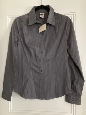 Blusa Covington Talla Pequeña Gris Rayas Abotonada Manga Larga Cuello Foto 1 de 4