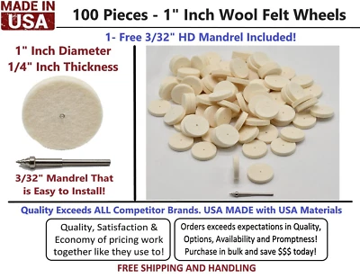 Ruedas de pulido de fieltro de lana de 100 piezas de 1 pulgada con mandril gratis HECHAS EN EE. UU. Foto 1 de 4