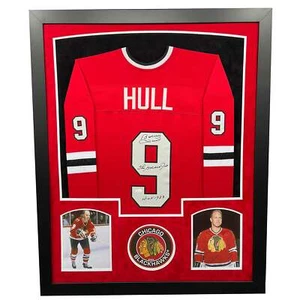 Bobby Hull Signed HOF 1983 Chicago Red Custom Suede Framed hockey Jersey (JSA) - Picture 1 of 6