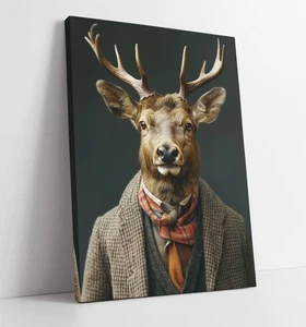 CERVO IN ABITI ELEGANTI - STAMPA QUADRO ARTE DA PARETE SU TELA CON CORNICE - Foto 1 di 2