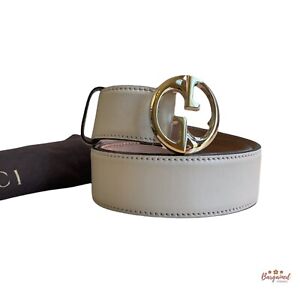Authentic GUCCI Cream Calfskin Leather Gold Double G Buckle Belt 80/32 362728
