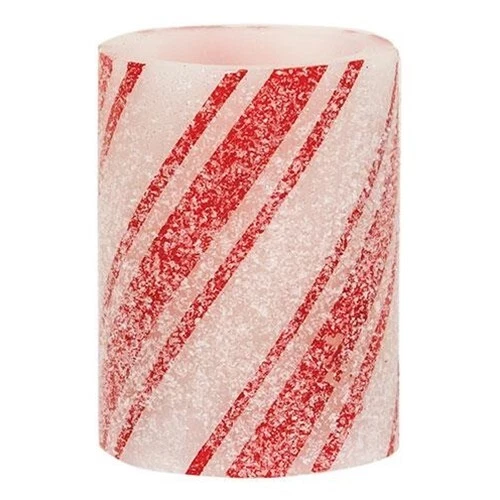 New CANDY CANE CANDLE Pillar Timer 4"H x 3"W Glitter LED Country Christmas  - Image 1 of 1