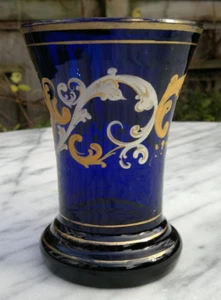 Antique English Bristol Cobalt Blue Glass Hand Enamelled Goblet~Vase 5" tall - Picture 1 of 9