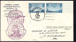 2 x C20 Honolulu nach Hong Kong nach Pittsburgh, PA 1937 First Flight Cover FFC - Bild 1 von 2