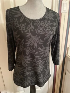 CARIBBEAN JOE M Black Knit Top 3/4 Sleeve Solid Floral - Picture 1 of 5