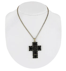 Antiqued Gold Tone Black Rhinestone Cross Pendant Necklace Chain 16-19" - Picture 1 of 4