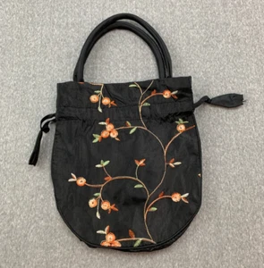 Silky Satiny Embroidered Drawstring Purse Black Wristlet Lightweight Cocktail - Picture 1 of 12