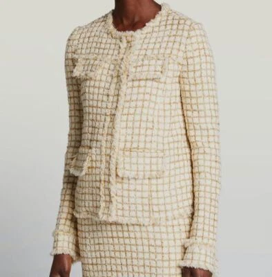 $2490 Oscar de la Renta Women's Ivory Metallic Square Print Tweed Jacket Size 6 - Image 1 of 4