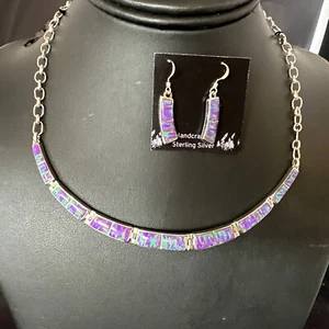 Pendientes colgantes de plata esterlina navajo con incrustaciones de ópalo púrpura con gargantilla 16260 - Imagen 1 de 12