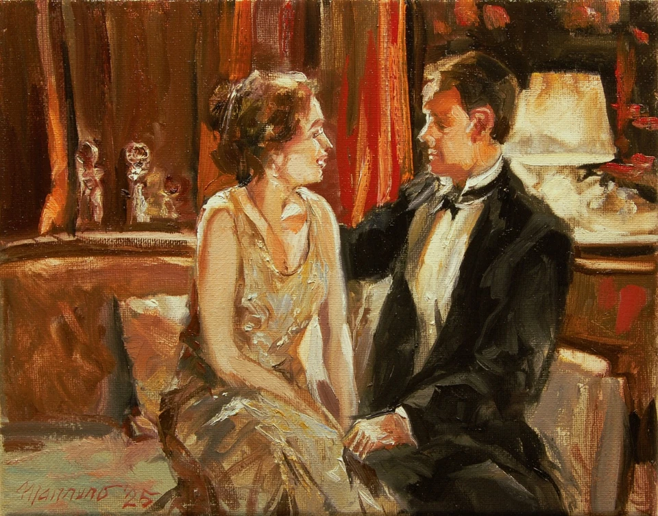 Hand Painted Oil Painting Seated Man And Woman 8"x10" stretched canvas COA - Image 1 of 4