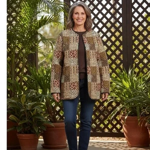 Giacca trapuntata Blair donna taglia grande stampa animalier patchwork marrone nonna - Foto 1 di 10