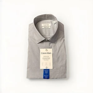Calvin Klein Mens Wrinkle Free Fresh Gray Plaid Stretch Shirt L 16-16.5 NWT - Picture 1 of 4