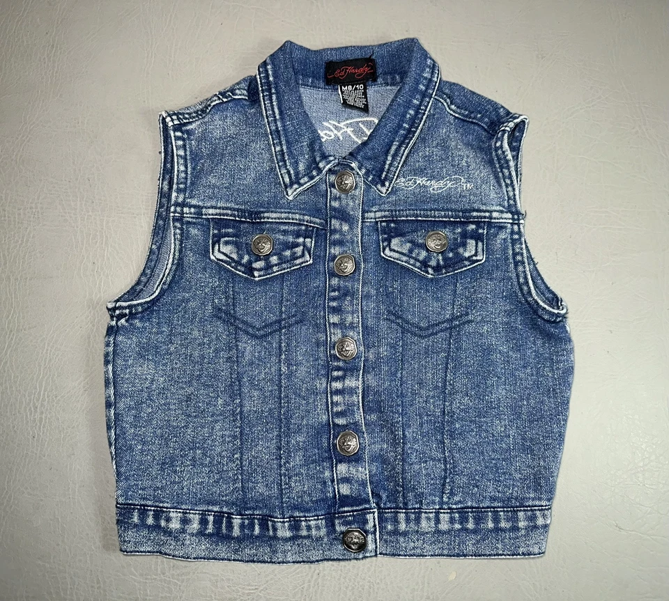 Chaleco de mezclilla Ed Hardy para niños botones de metal Y2K juvenil mediano (8/10) bordado ¡ELUC! Foto 1 de 4