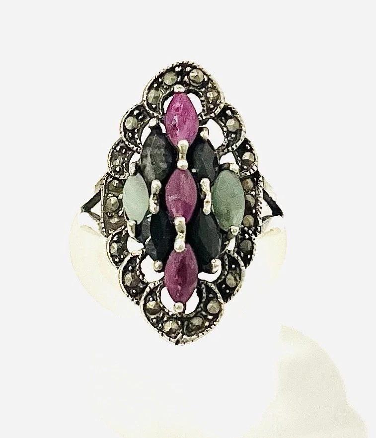 925/- Silberring mit Edelsteinen, Handarbeit, Gr. 59, 2,5 mm breit, vintage. - Bild 1 von 2