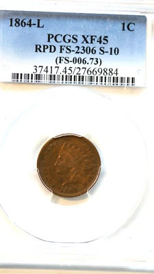1864 Indian Cent PCGS XF45, L on Ribbon. RPD S-10 - Image 1 of 4
