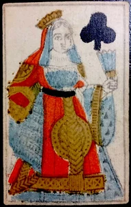 Tarjetas de juego antiguas históricas del siglo XVIII grabadas en madera Queen Court pintadas individuales - Imagen 1 de 12