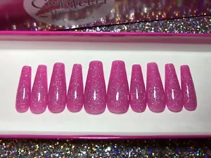 Pink Sparkle Press On Nail Set Glue On Fake Fingernails Glitter Long Short - Picture 1 of 7