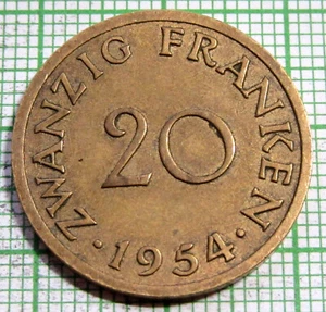 SAARLAND SAAR PROTECTORATE GERMANY 1954 20 FRANKEN km# 2 one year type - Picture 1 of 6