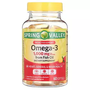 Spring Valley Omega-3 Fish Oil, Dietary Supplement Softgels, 1000 mg, 60 Count - Picture 1 of 15