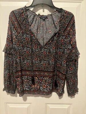 American Eagle Blouse Paisley Boho Top Bell Sleeve Size Small Artsy Blue - Image 1 of 4