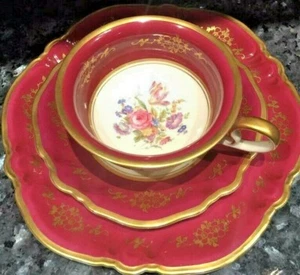 Gorgeous Vintage Rosenthal Germany Cranberry Floral and Gold Cup and Saucer Trio - Picture 1 of 6
