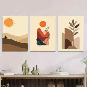 3pcs Boho Landscape Modern Abstract Sun Wall Art Canvas Framed 50x70cm - Picture 1 of 3