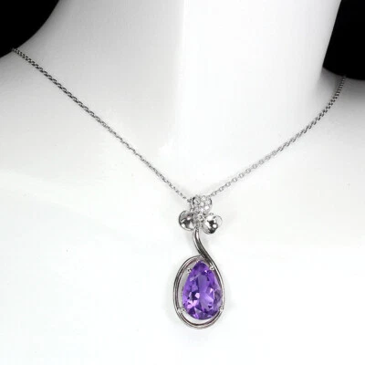 Collar de plata de ley 925 pera amatista 12x8 mm joyas de piedras preciosas 18 pulgadas Foto 1 de 4