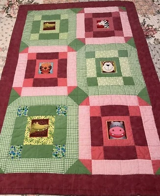 Baby/Child Quilt Pink Green Zebra Alligator Tiger Monkey Hippo 30.5x42.5 - Image 1 of 4