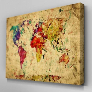 AB415 Abstract World Map Paint Canvas Wall Art Ready to Hang Picture Print - Picture 1 of 1