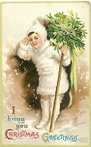 CHRISTMAS GREETINGS - CLAPPSADDLE SNOW BABY - 1911 EMBOSSED POSTCARD - Picture 1 of 2