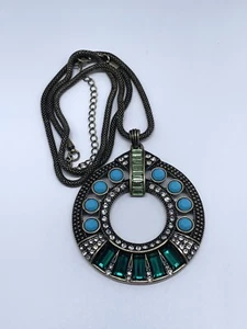 SAQ Brone Tone Turquoise Emerald Rhinestone Circle Pendant 27 Inch Necklace - Picture 1 of 7