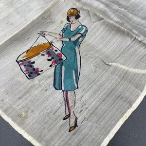 1920s Painted Silk Handkerchief Hankie Flapper and Shopping Bag Art Deco Vintage - Picture 1 of 9