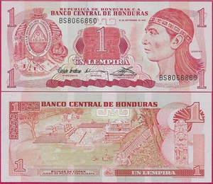 HONDURAS 1 LEMPIRA 1992 UNC BS,WITHOUT VERTICAL BAR,BLACK SERIAL NUMBERS,ILLUSTR - Picture 1 of 1
