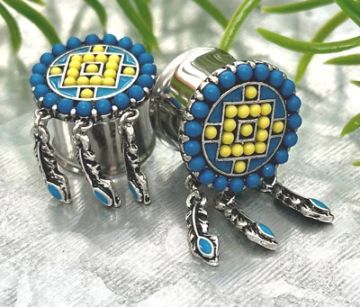 PAR de medidores de tapones de túnel de doble llamarada colgante turquesa azteca atrapasueños Foto 1 de 4