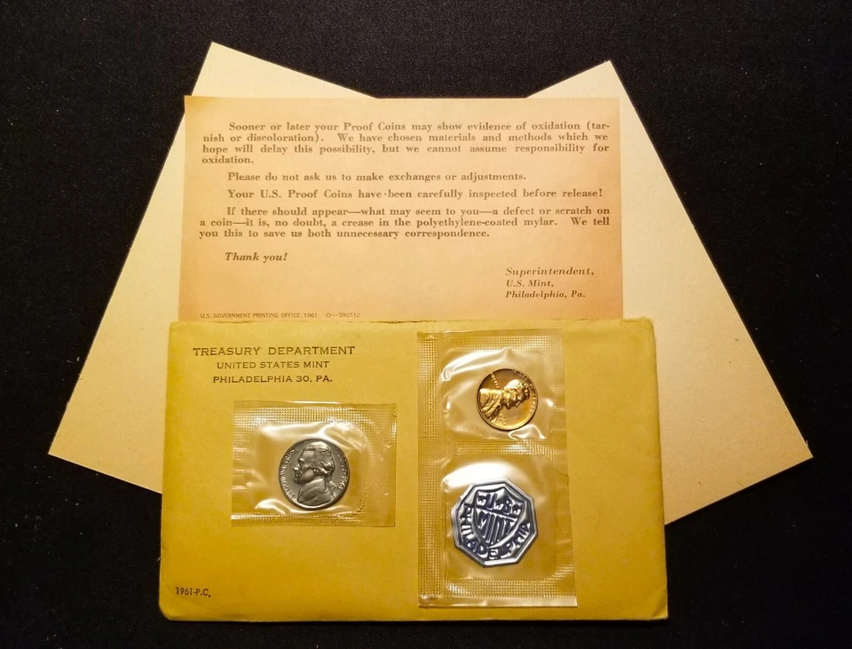 1961 Proof Mint Set Sealed Cello ~ Penny / Nickel / Token & Envelope (No Silver) - Image 1 of 4