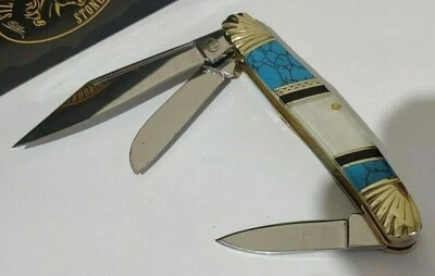 3 BL BLUE TURQOUISE M.O. PEARL HUNTING POCKET KNIFE W/ DISPLAY CASE SILVER H. ! - Image 1 of 4