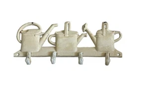 Mr Gecko Cast Iron Hand Made Wall 4 Hook Hanger Watering Can Design Antique Whit - Picture 1 of 1