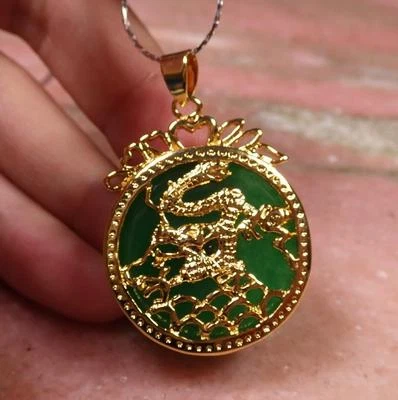 Yellow Gold Plate Green JADE Pendant Circle Dragon Diamond Imitation 286848 US - Imagem 1 de 4