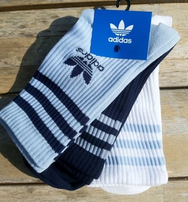 ADIDAS ORIGINALS Flat Knit 3-STRIPE CREW SOCKS Sky Indigo White JI9474 adi22 - Image 1 of 4