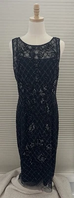 Vestido Adrianna Papell Azul Marino Sin Mangas Lentejuelas Cuentas Cóctel Fiesta Talla 12 Foto 1 de 4