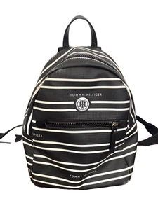 Zaino Tommy Hilfiger piccolo nero/bianco/grigio a righe zip intorno top usato - Foto 1 di 7