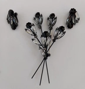 Vintage Brosche & Ohrringe schwarz und klar Glas Strass - Bild 1 von 11