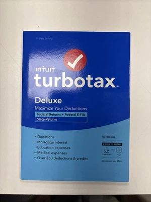 NEW Turbotax Deluxe 2022 Federal Returns E-File + State PC/Mac CD/Download - Image 1 of 3