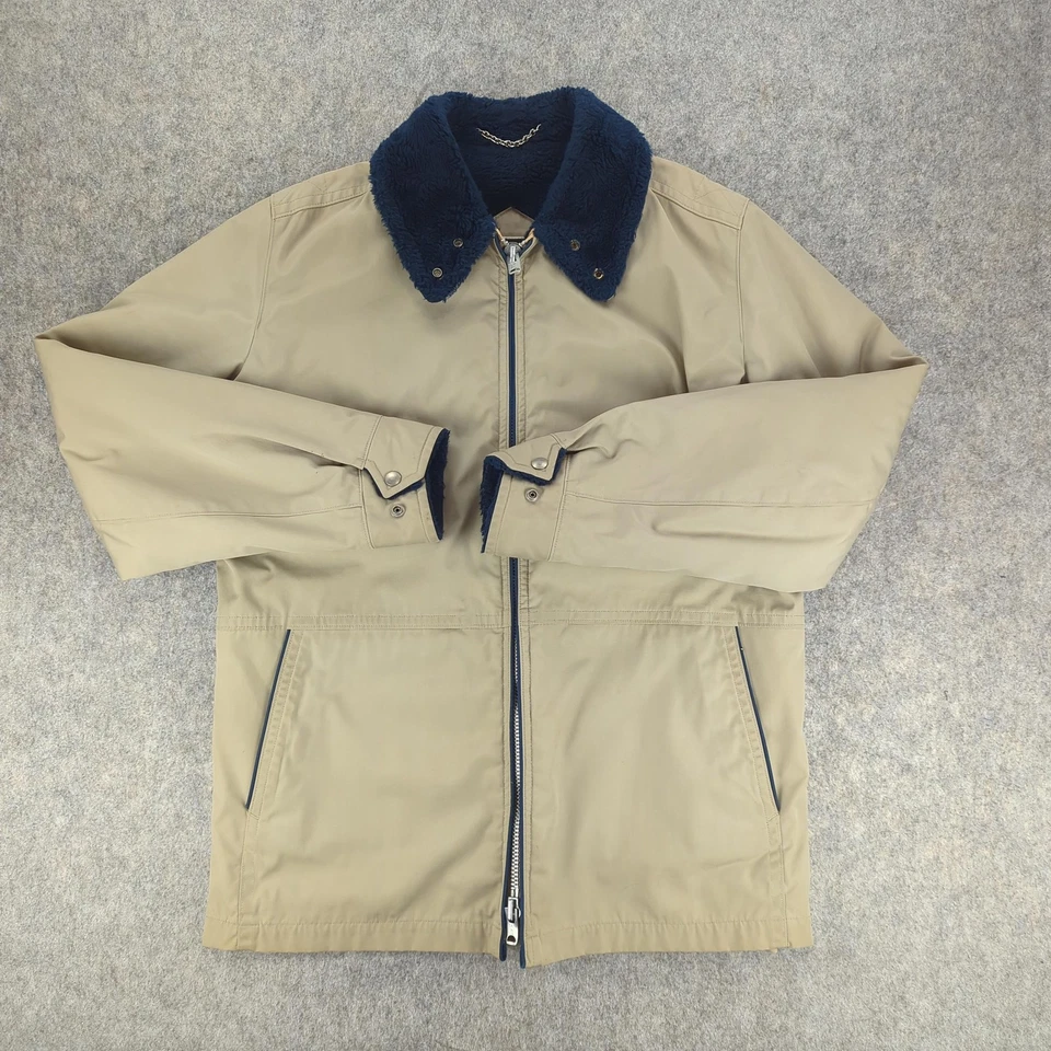 Mighty-Mac Jacket Mens XL VTG Tan Navy Sherpa Lined Collar Two Way Zip Made USA - Image 1 of 4
