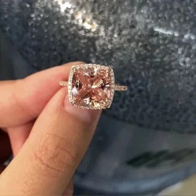 Anillo Halo 3.44Ct Corte Cojín Creado en Laboratorio Morganita Chapado en Oro Rosa 14K Plata Foto 1 de 4