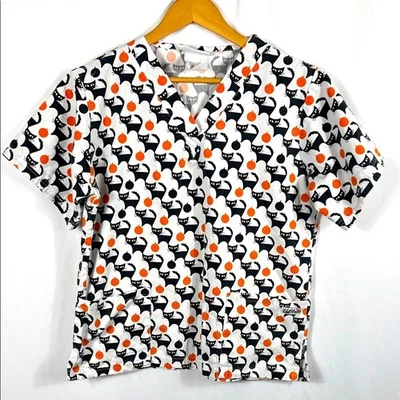 VINTAGE 90's UA SCRUBS Women's Halloween Scrub Top Sm Shirt Sleeve Scaredy Cat - Image 1 of 4