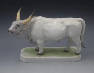 HEREND HUNGARY PORCELAIN ANTIQUE 1915-30 BULL FIGURINE  7" SCARCE - Picture 1 of 11